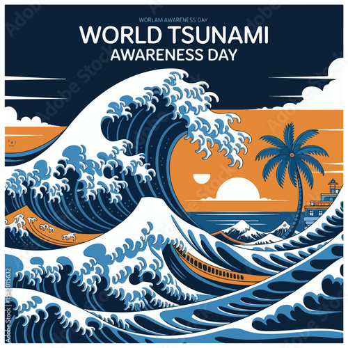Wave-themed flyer design with bold text, raising awareness about tsunami safety and disaster preparedness.