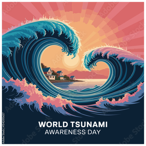 Wave-themed flyer design with bold text, raising awareness about tsunami safety and disaster preparedness.