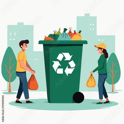 World Cleanup Day vector illustration showing diverse people collecting trash, recycling, planting trees, and caring for the Earth in solid colors for eco-friendly awareness campaigns.