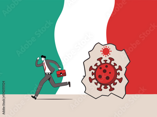 Virus disease outbreak protection failure, COVID-19 virus destroy and break the wall into Italy concept, wrecking ball as COVID-19 pathogen destroy and demolish Italy flag wall, business man run away.
