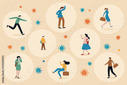 Social distancing concept, people keep distance in public society to protect from COVID-19 coronavirus outbreak spreading concept, people wearing mask keep distance away in circle with virus pathogens