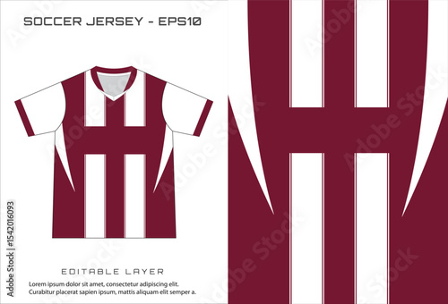 A soccer jersey vector graphic striped in maroon and white displayed next to a larger section of the pattern