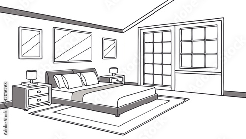 Illustration of a bedroom with a bed, nightstands, lamps, pictures and a large window with multiple panes
