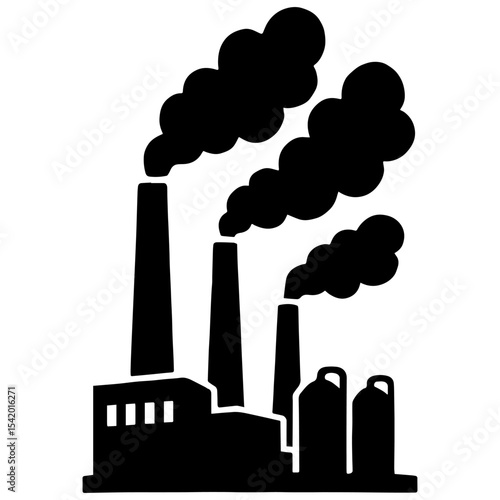 Industrial pollution factory smoke stack emissions black and white vector illustration design art 