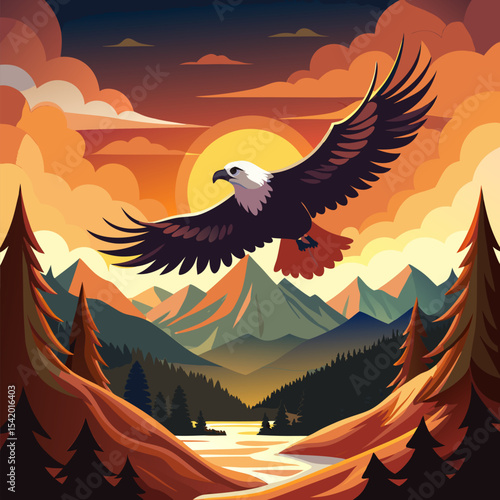 Majestic Eagle Soaring Above Mountain Range at Sunset Illustration
