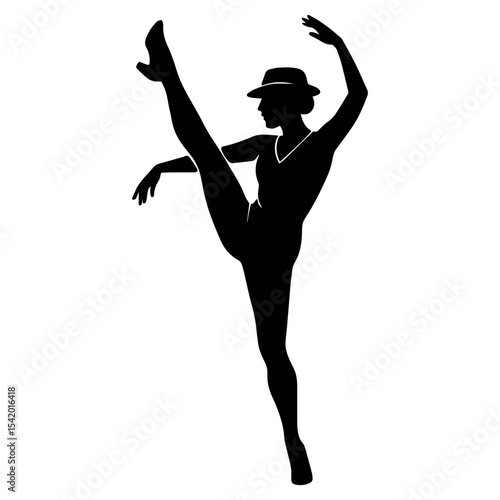 Silhouette dancer woman dancing pose ballet jazz hat black and white art illustration vector image