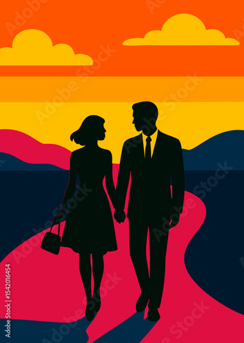 Romantic Couple Walking at Sunset Silhouette