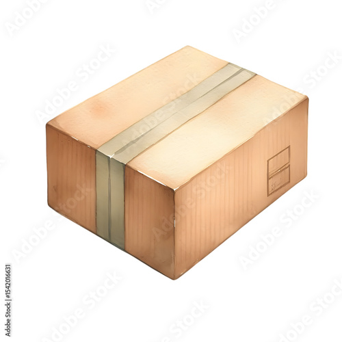 Illustration in watercolor style of a sealed cardboard package. Visible tape line across the top for added detail.
