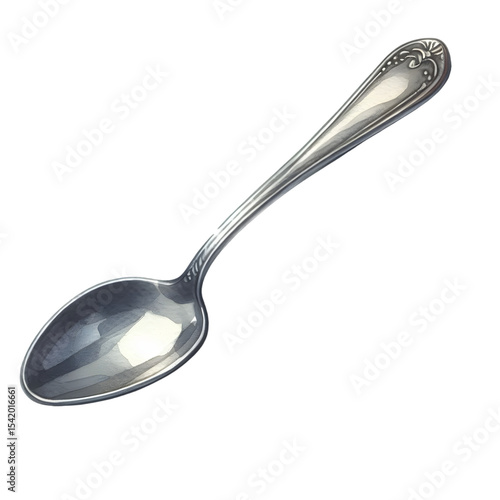 watercolor of a single stainless steel spoon. Painted with soft gray gradients to show gentle reflections. Crisp contours with fine detailing on the handle.