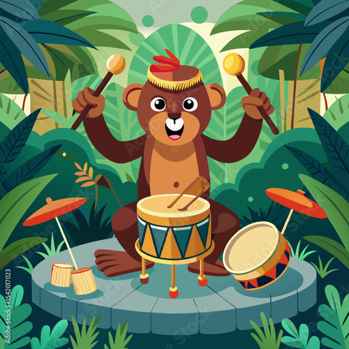 Monkey Playing Drums in a Jungle Band Illustration