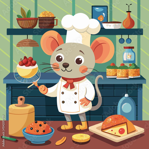 Mouse Chef Cooking Gourmet Meal in Tiny Kitchen Illustration