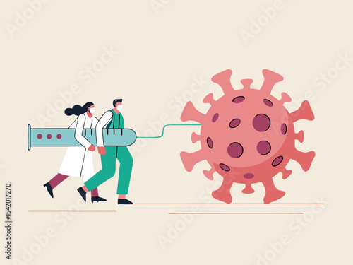 COVID-19 Virus Vaccine, syringe injection, prevention, immunization, cure and treatment for coronavirus infection, doctors carrying big syringe injecting COVID-19 Virus pathogen.