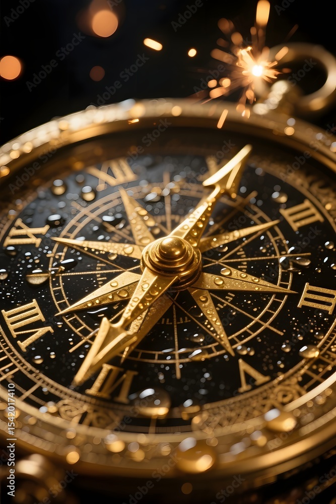 Obraz premium Vintage Golden Compass with Water Droplets and Sparks – Close-Up