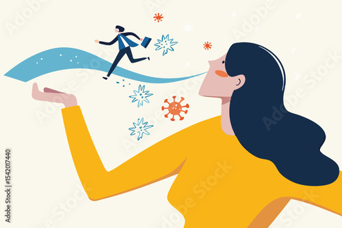 COVID-19 virus flu infection, coronavirus outbreak or spreading from people concept, Sick girl with flu, runny nose blow her nose with snot, nasal fluid with business man run away from Virus pathogen