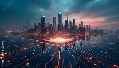 Fototapeta Naklejka Na Ścianę i Meble -  City skyline powered by massive AI microchip platform with glowing data highways AI Agent AGI ASI