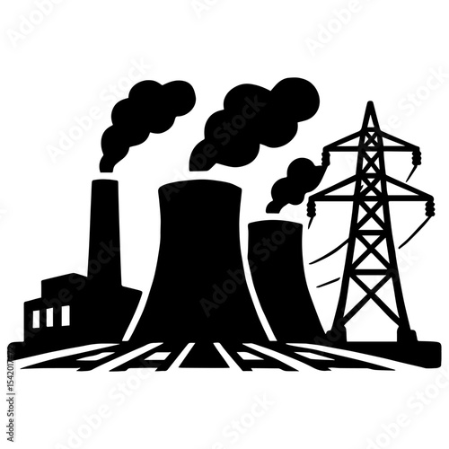 Nuclear power plant energy industry electricity generation station pollution smoke tower silhouette vector icon