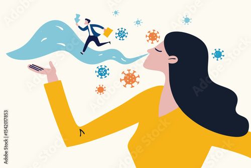 COVID-19 virus flu infection, coronavirus outbreak or spreading from people concept, Sick girl with flu, runny nose blow her nose with snot, nasal fluid with business man run away from Virus pathogen