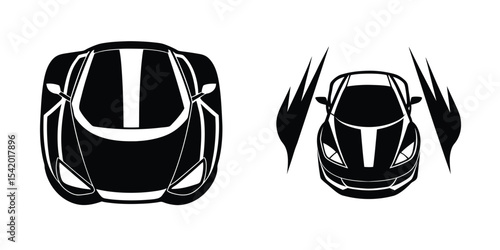 Creative concept showing an aerodynamic sports car from bird’s-eye view charging ahead Isolated on White Background