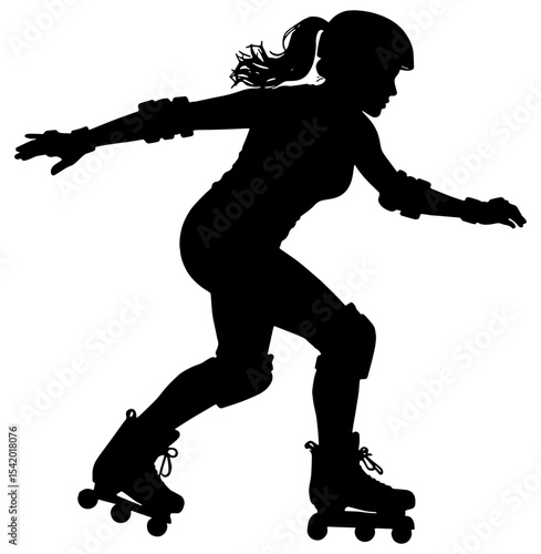 Silhouette of a woman rollerskating and wearing protective gear, isolated 