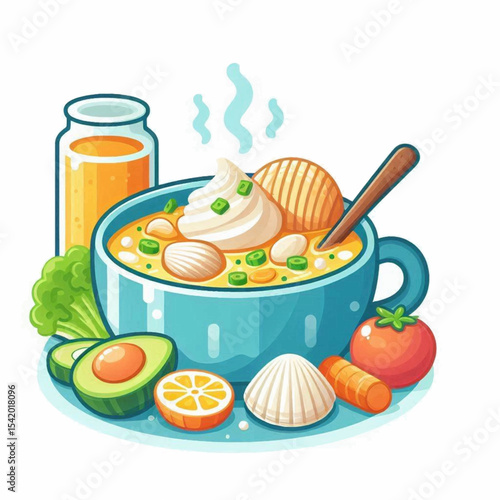 A steaming bowl of soup is depicted with various side accompaniments in a colorful cartoon style
