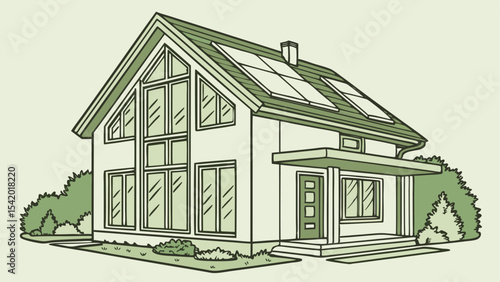 Illustration of a modern house with solar panels on the roof and large windows in a green color scheme