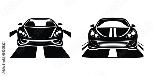 Simple flat artwork of an elegant sports car cruising along road Flat Silhouette on White Background