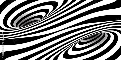 Wormhole with entrance and exit bg. Optical illusion of abstract tunnel with 3D portal effect. Circular whirlpool. Psychedelic vector illustration of black lines and stripes