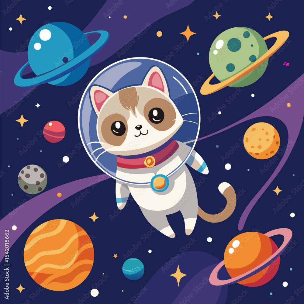 Naklejka premium Space Cat Floating Among Planets and Stars in Outer Space Vector Illustration