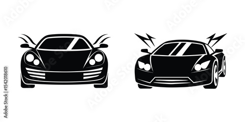 Fast Sports Car Front Angle Charging Ahead Flat Ve Silhouette on White Background
