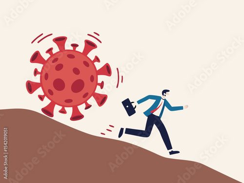 Run away from virus disease outbreak concept, risk or danger in Virus crisis concept, businessman run away from rolling COVID-19 virus pathogen stone down the hill.