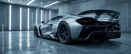 Apex Form: An abstract, close-up study of an unbranded exotic supercar's aerodynamic lines and liquid-metal finish, showcased in a minimalist concrete gallery.
