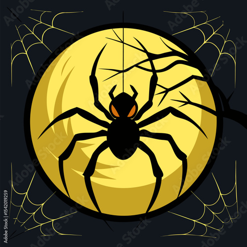 Spooky Spider Silhouette Against Full Moon Vector Illustration