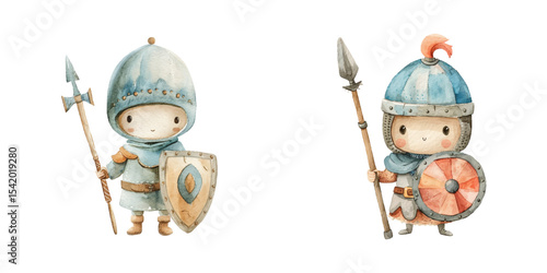 cute knight with shield and spear watercolor vector illustration