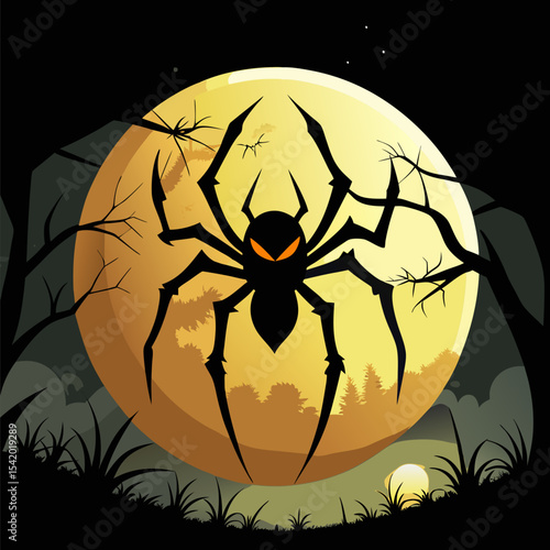 Spooky Spider Silhouette Against Full Moon Vector Illustration