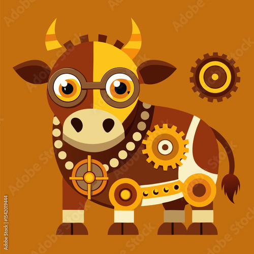 Steampunk Cow with Gears and Metal Plating Vector Illustration