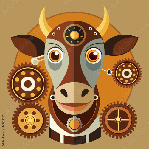 Steampunk Cow with Gears and Metal Plating Vector Illustration