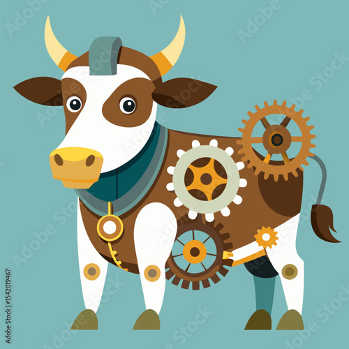 Steampunk Cow with Gears and Metal Plating Vector Illustration