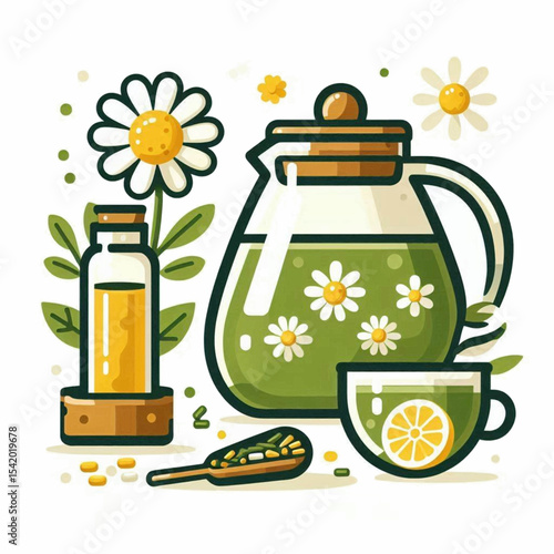 A still life featuring chamomile tea oil bottle  spoon of herbs on a white background