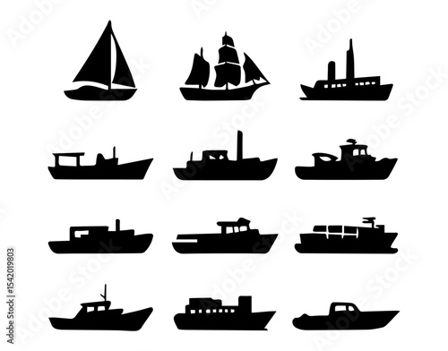 Boats ships silhouettes vector set illustration maritime transport collection nautical marine vessel graphic