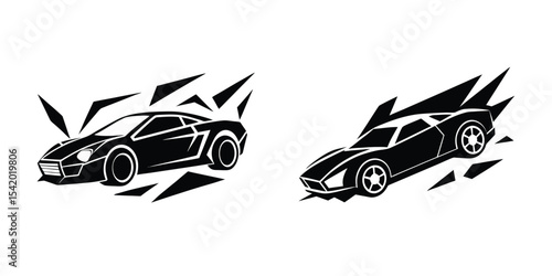 Minimal Flat Artwork of a Streamlined Sports Car Tearing Down the Track in Angled View Silhouette on White Background