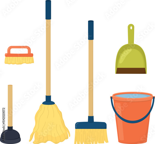 Illustration of mop, brush, toilet plunger, broom, dustpan and bucket with water. Cleaning supplies isolated on white background