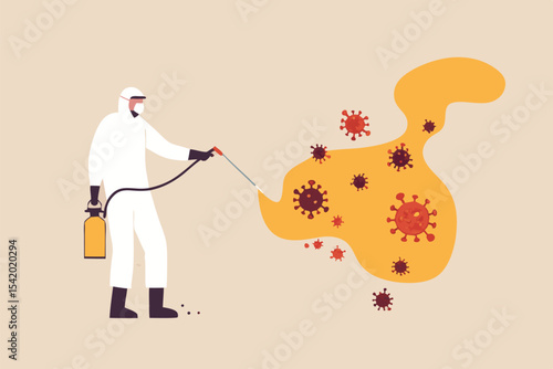 COVID-19 Coronavirus disinfect, clean and kill virus pathogen prevent outbreak spreading concept, worker with protective gear spray the cleaning sanitize chemical to disinfect COVID-19 virus pathogen