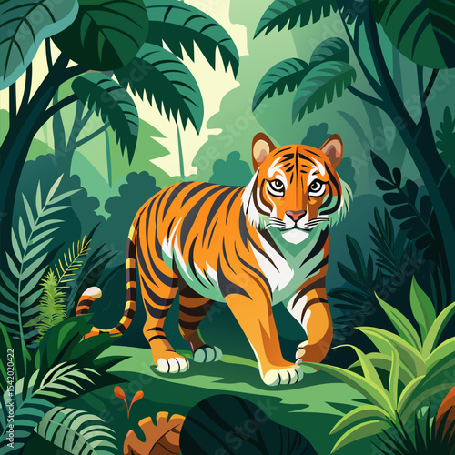 Tiger Prowling Through the Misty Jungle Illustration, Majestic Wildlife Scene Depicting Nature, Adventure, Mystery, and Predatory Animal in Vector Design