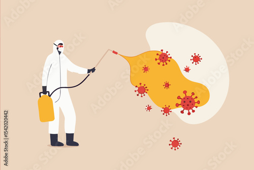 COVID-19 Coronavirus disinfect, clean and kill virus pathogen prevent outbreak spreading concept, worker with protective gear spray the cleaning sanitize chemical to disinfect COVID-19 virus pathogen