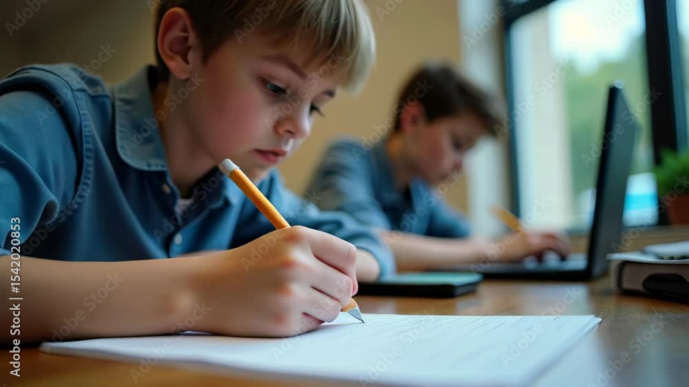 Focused student. Blonde boy. School classroom. Writing notes. Casual clothes. Natural light. Education concept. Learning environment. Study session. Primary school. Academic work. Homework task. Lapt Focused student. Blonde boy. School classroom. Writing notes. Casual clothes. Natural light. Education concept. Learning environment. Study session. Primary school. Academic work. Homework task. Lapt