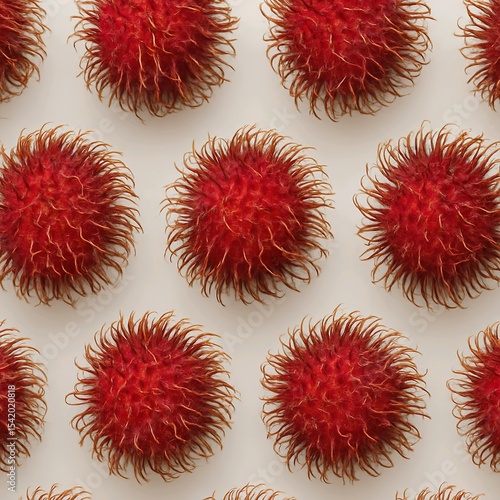 A top view of fresh red rambutan fruit arranged in a seamless pattern on a white background, creating a vibrant and visually appealing fruit layout.