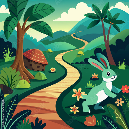 Turtle Racing a Hare on a Winding Forest Path Illustration, Whimsical Animal Race Scene Depicting Fun, Adventure, Nature, and Classic Fable in Vector Design