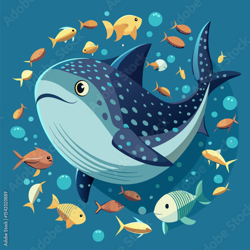 Whale Shark Swimming Surrounded by Playful Schools of Fish Illustration, Majestic Marine Wildlife Scene Depicting Ocean Life, Nature, and Adventure in Vector