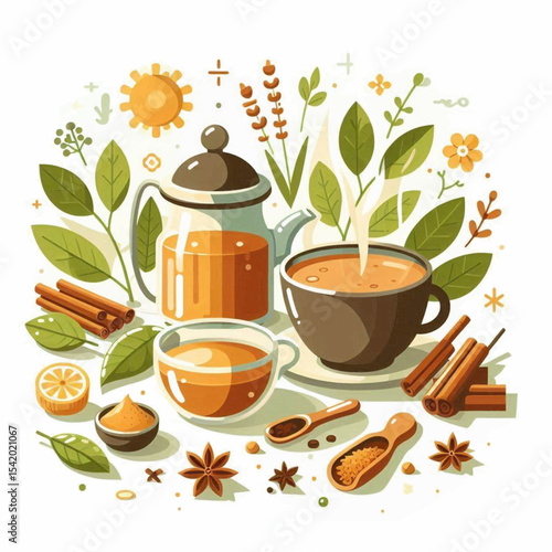 A still life showing tea cinnamon sticks anise stars lemon and other spices