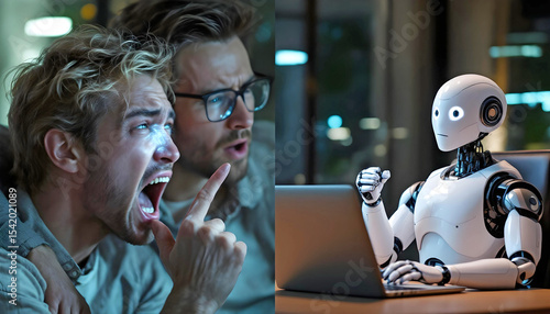 Angry IT Tech humans screaming at confused bored robot using laptop in hilarious AI misunderstanding